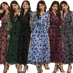 TY471 Trendy Autumn Dresses Women Casual V-neck Long Sleeve Floral Print Mesh Dress Elegent Evening Dress for Women