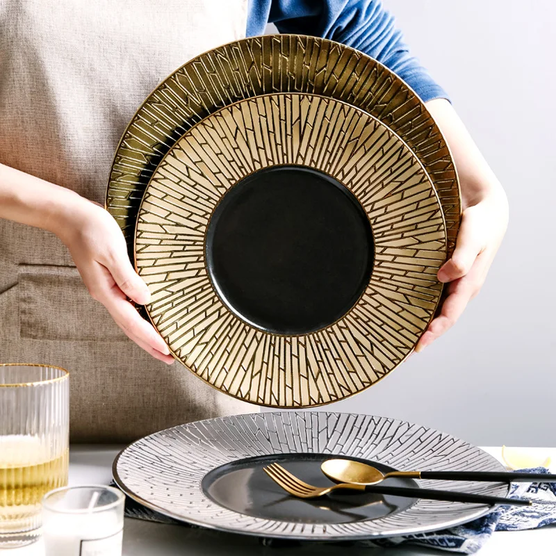 Gold and White Black Ceramic Western Tableware Steak Dish Dinnerware  Dessert Plate Kitchen Restaurant Plates Ceramic Dinner