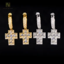 New Arrival Cross Shape Hip Hop Hoop 925 Sterling Silver Ear Studs VVS Moissanite Princess Cut Diamond Stud Earrings Men Women