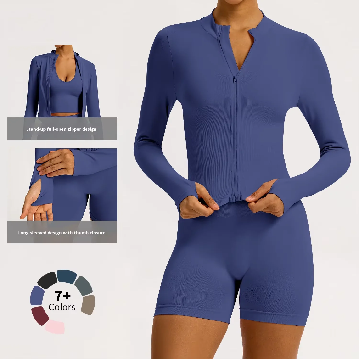 Slim Fit Zipper Stand Collar Long Sleeve Yoga Jacket Sets Tummy Control Color Blocking Q