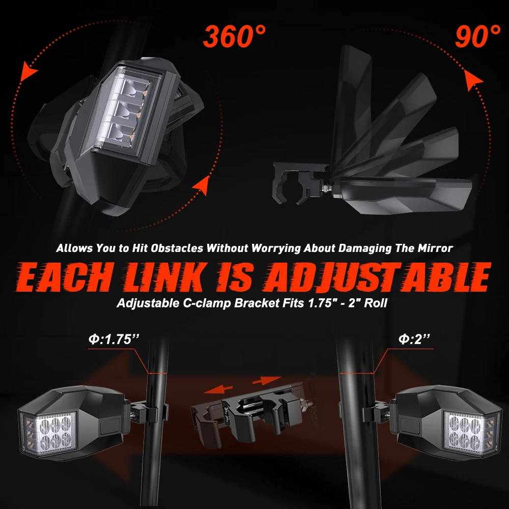 DREAMIZER Specchietto Retrovisore UTV, Specchietto Retrovisore Centrale SXS con roll-bar rotondi da 1,5-2, Compatibile con Polaris RZR Pioneer Can Am Maverick X3 Kawasaki Teryx Arctic Cat Wildcat