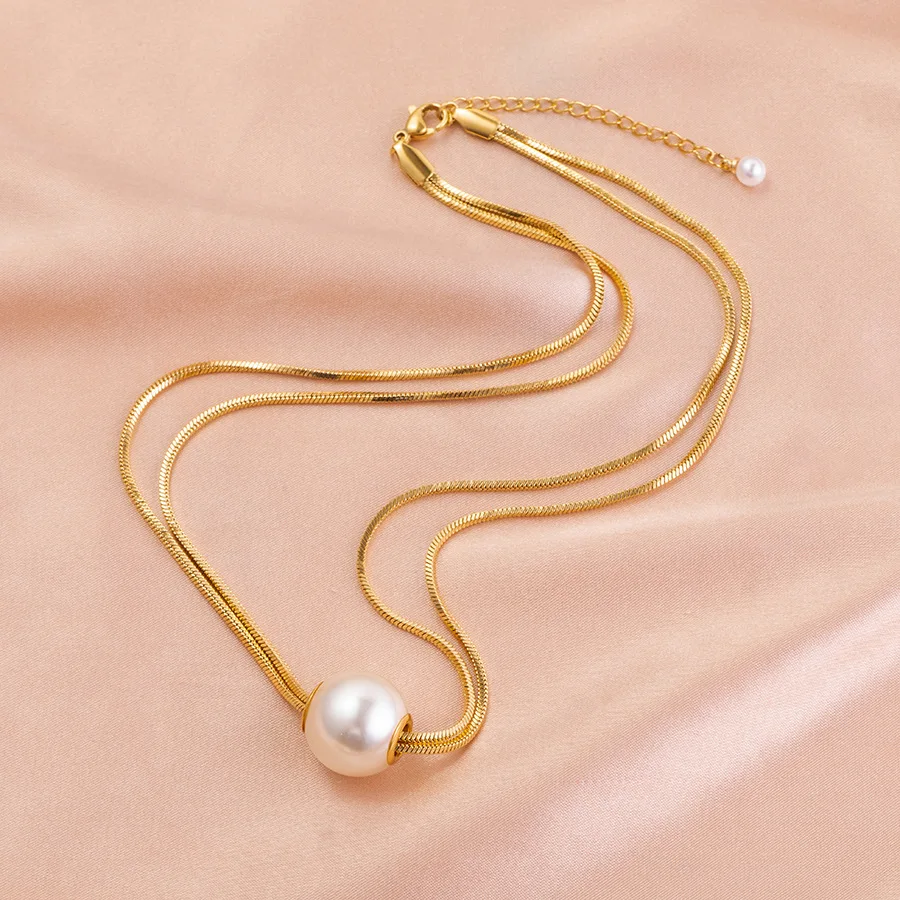 2025 Minimalist Design Double Layers Pearl Necklace Trendy Gold Plated Flat Snake Chain Stainless Steel Necklaces for Women