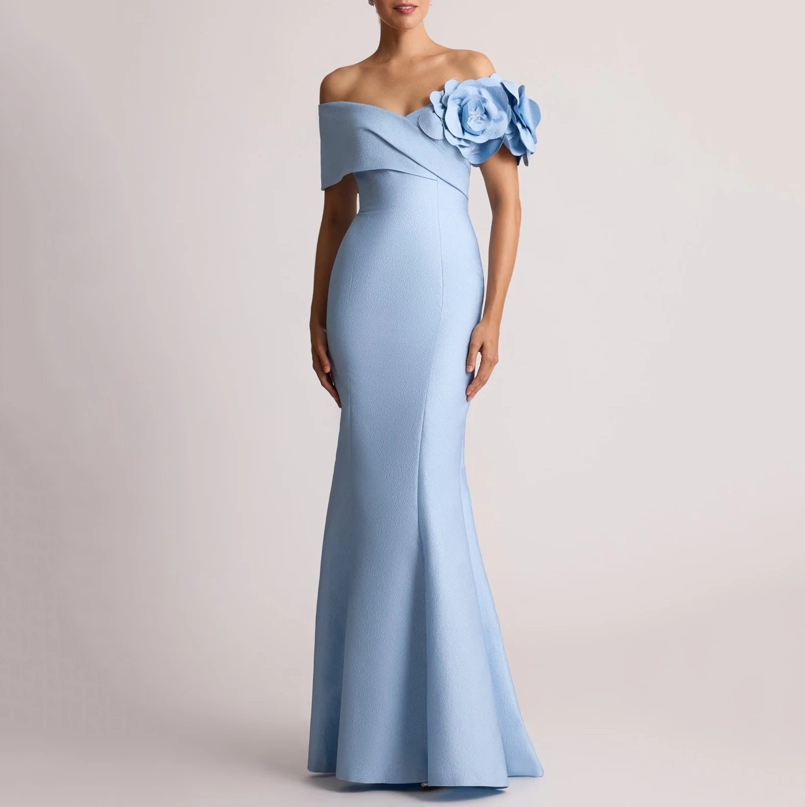off shoulder dress with floral embellishment in vintage blue White Blue Floral Off The Shoulder Tiered Long Bridesmaid Dress