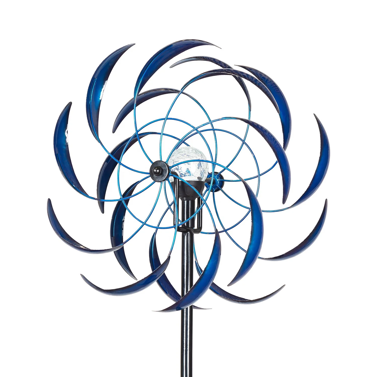 Blue Tall Solar Powered Windmill Ornamental Metal Kinetic Solar Powered Glass Ball Wind Spinner