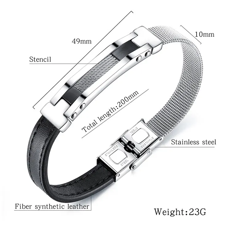 Wholesale Custom Design Good Quality Fine Jewelry Wire Stainless Steel Mesh Leather Bracelet for Men