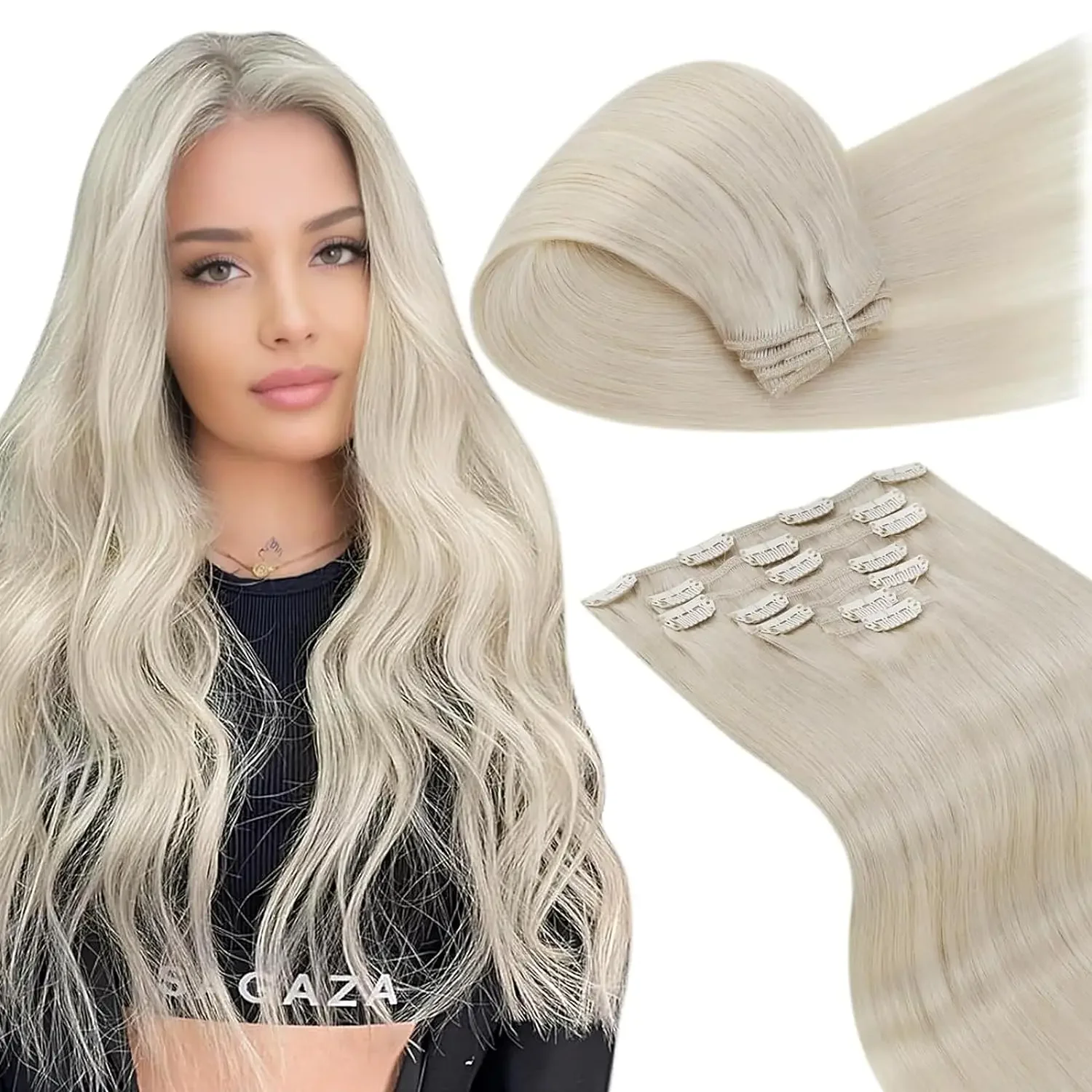 LaaVoo Echthaar-Clip-in-Extensions, 7-teilig, echtes Remy-Haar, zum Anklipsen, schwarzes Haar, glatt, natürliches Blond_voghion.com