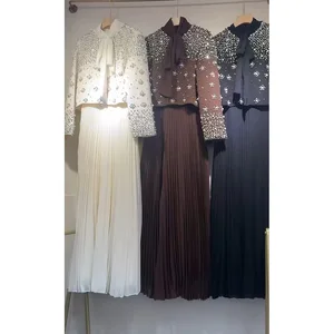 Factory Wholesale Autumn New 2 Pieces Set Women Bow Pearls Coat Nail Ribbon Stitching Pleated Solid Dress Set French Elegant