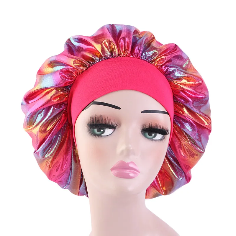 Large size elastic band satin bonnet laser color sleep cap women bonnets turban cap