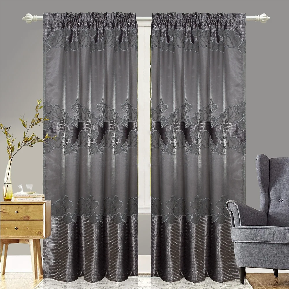 Two Layer Ready Cheap New Style Living Room Beige White Blue Jacquard Embroidery Curtain Designs Sheer Rod Pocket Window Curtain