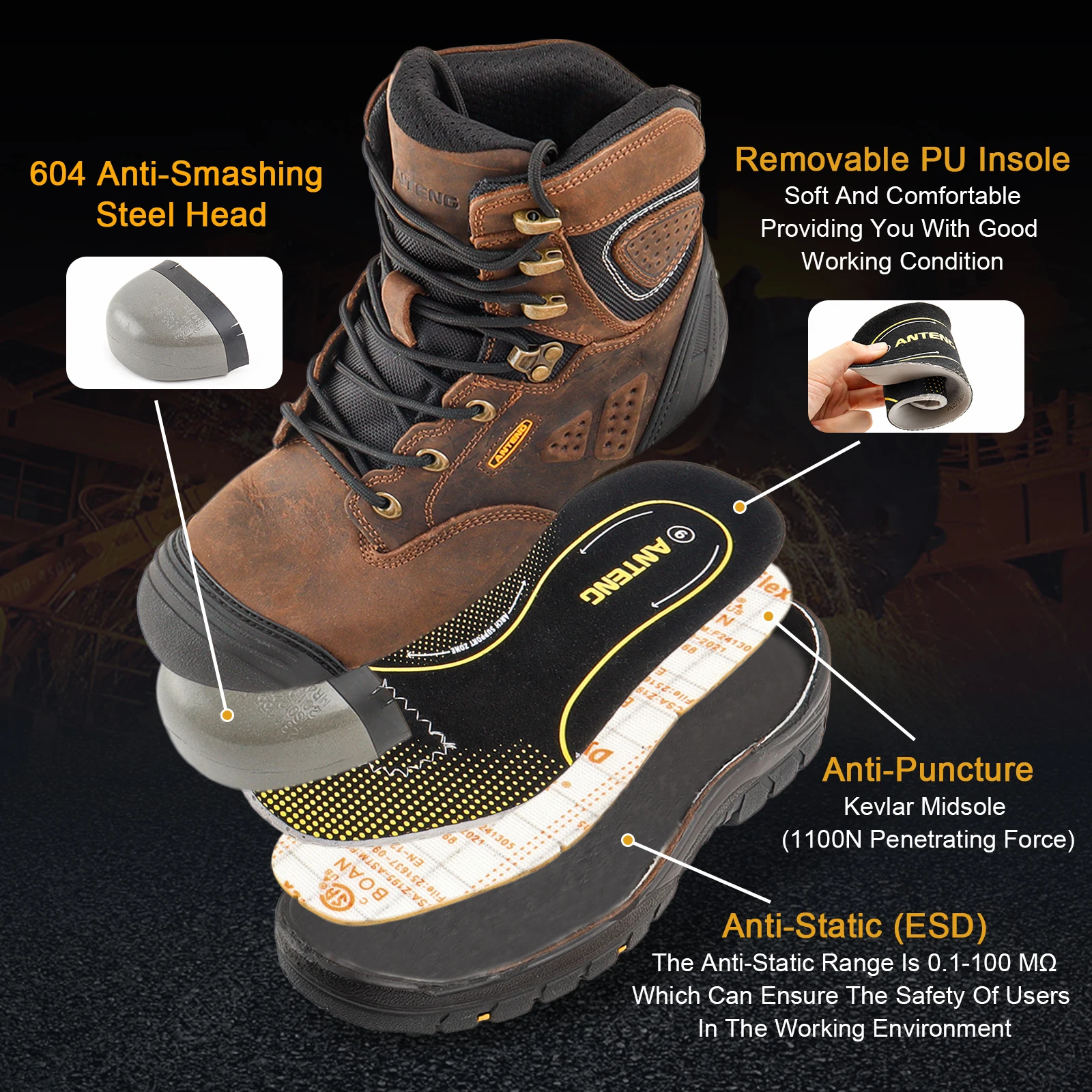 ANTENG ESD Sepatu keamanan jari kaki baja, alas kaki keselamatan kerja  industri anti-statis disetujui CE