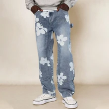 Custom Washed Denim Mens Pant's Jean Streetwear Straight Fit Men's Jeans Floral Printed Carpenter Baggy Jean Men