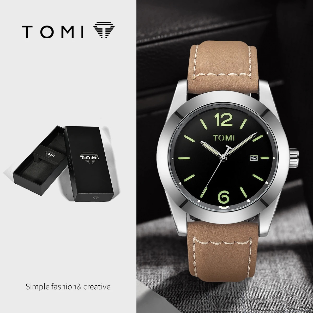 TOMI Luxury Classic 40mm Quartz Watch for Men with Leather Band