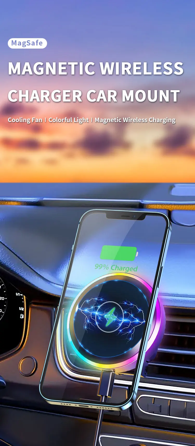 New Rgb Wireless Car Charger Mount Phone Holder For Magsafe