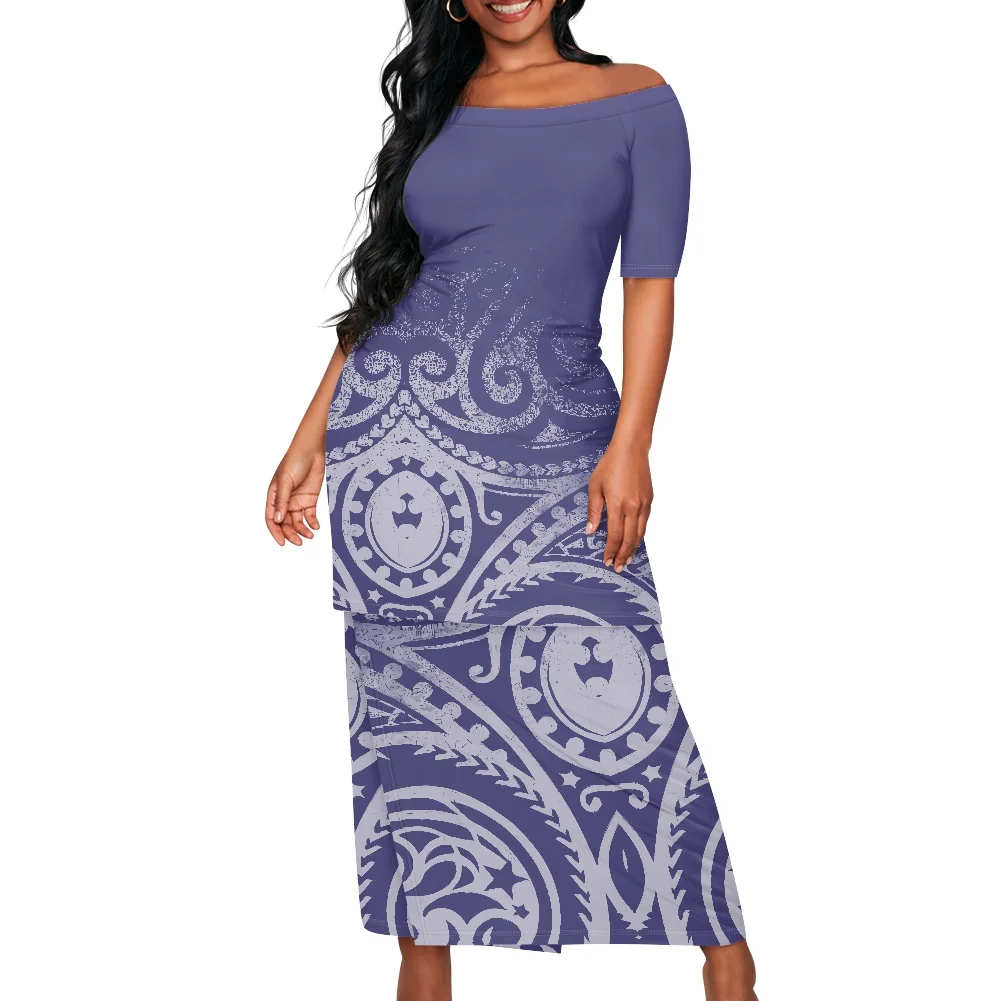 Charming Ladies Dress Plumeria Print Hawaiian Tropical Style Half Sleeve  Top Skirts 2 Pc Set Low Price Hot Sales Natural