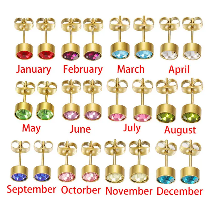 Wholesale Simple Design Minimalism Gold Plated Stainless Steel 12 Month Birthstone Stud Earring for Girl Friend