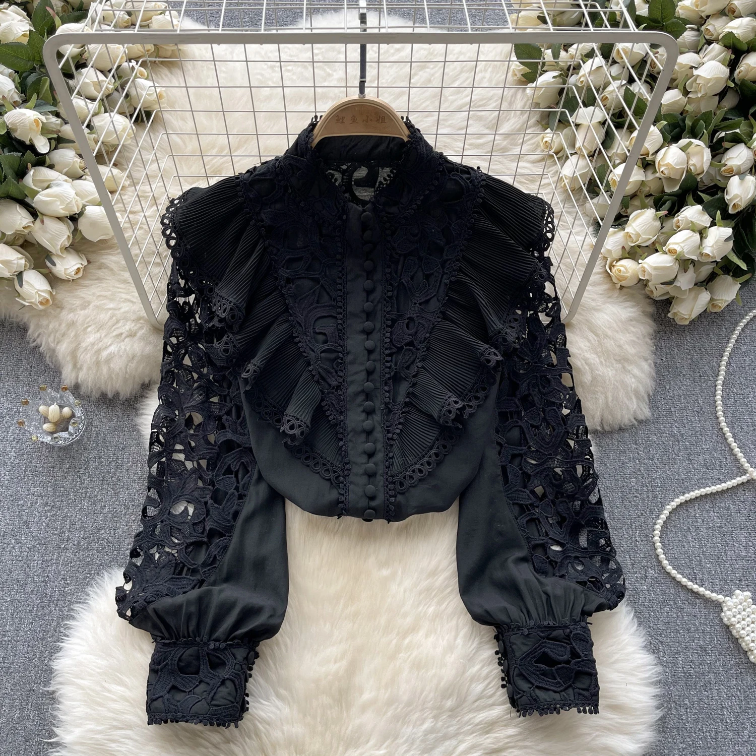 Courtly Beaded Hollowed Embroidery Shirt