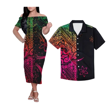 Drop Ship Lovers Clothing Custom Polynesian Tribal His-and-Hers Clothes Casual Women Short Sleeve Dress & Men Shirt Couples Suit