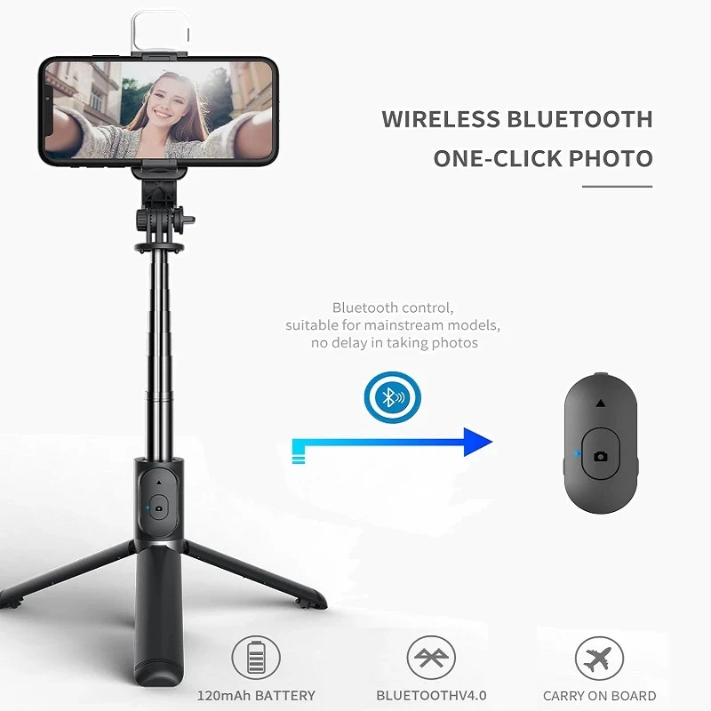 Wireless Blutooth Selfie Stick Foldable Mini Tripod With Fill Light Remote Shutter For iOS Android