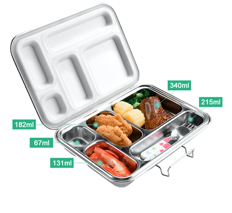 Aohea colorful silicone seal removable Stainless steel 304 bento lunch box with 5 compartments factory