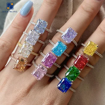 Icy colorful rings cheap price luxury women's wedding band crushed radiant cut 925 sterling silver trendy cz diamond bling rings