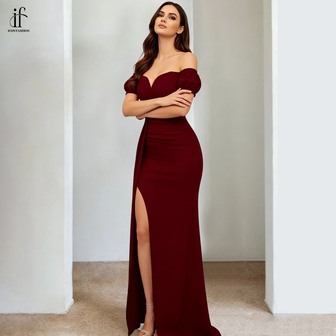 Wine Red Off Shoulder Evening Gown Bubble Sleeve Velvet Slit Elegant Party Dresses Women Custom Clothing Brand Wine Red Off Shoulder Evening Gown Bubble Sleeve Velvet Slit Elegant Party Dresses Women Custom Clothing Brand