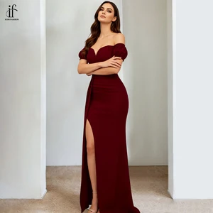 Wine Red Off Shoulder Evening Gown Bubble Sleeve Velvet Slit Elegant Party Dresses Women Custom Clothing Brand