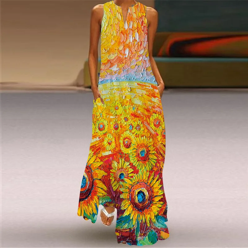 2022-1 Summer Women Fashion Printed Flowers Sleeveless Casual Long ...