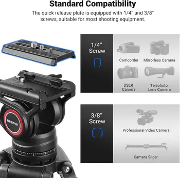 NEEWER 74" Video Tripod with Fluid Head, QR Plate , Aluminum Heavy Duty Camera Tripod Professional for DSLR Cameras Camcorders detail image
