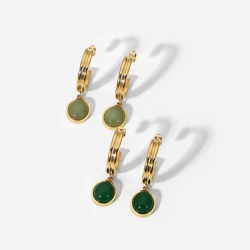 Vintage Natural Gemstone Stone Jade Jewelry Stainless Steel 18K Gold Plated Drop Pendant Hoop Earrings For Women
