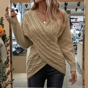 China V-times Women's Sweater New V-Neck Long Sleeve Overlap Casual Breathable Autumn Solid Color Warm Elegant Knitted Sweater