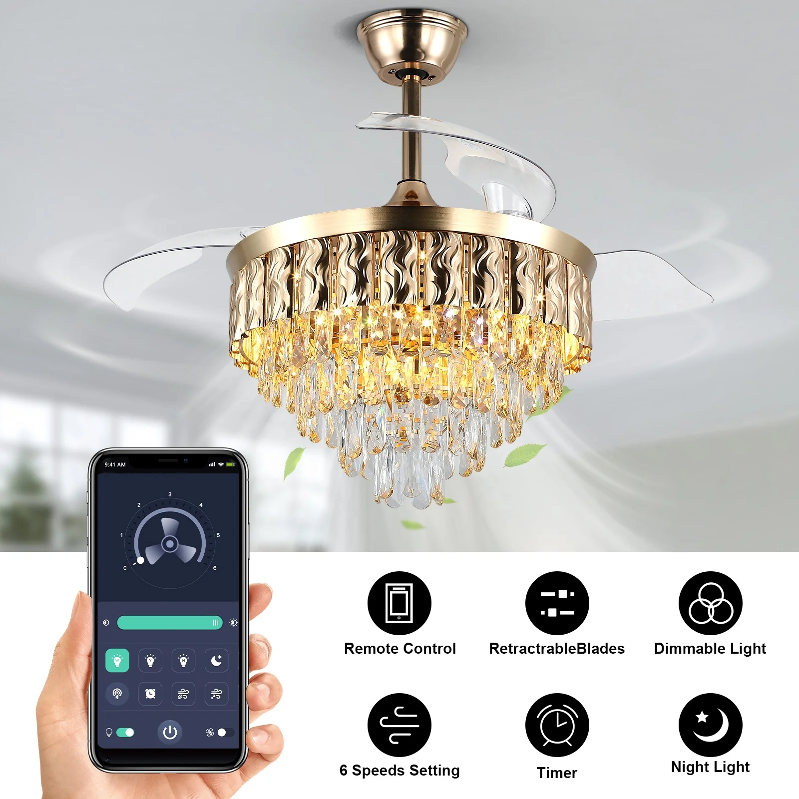 PC Hidden Blades App Intelligent Remote Control Fandelier Ceiling Fan With Light