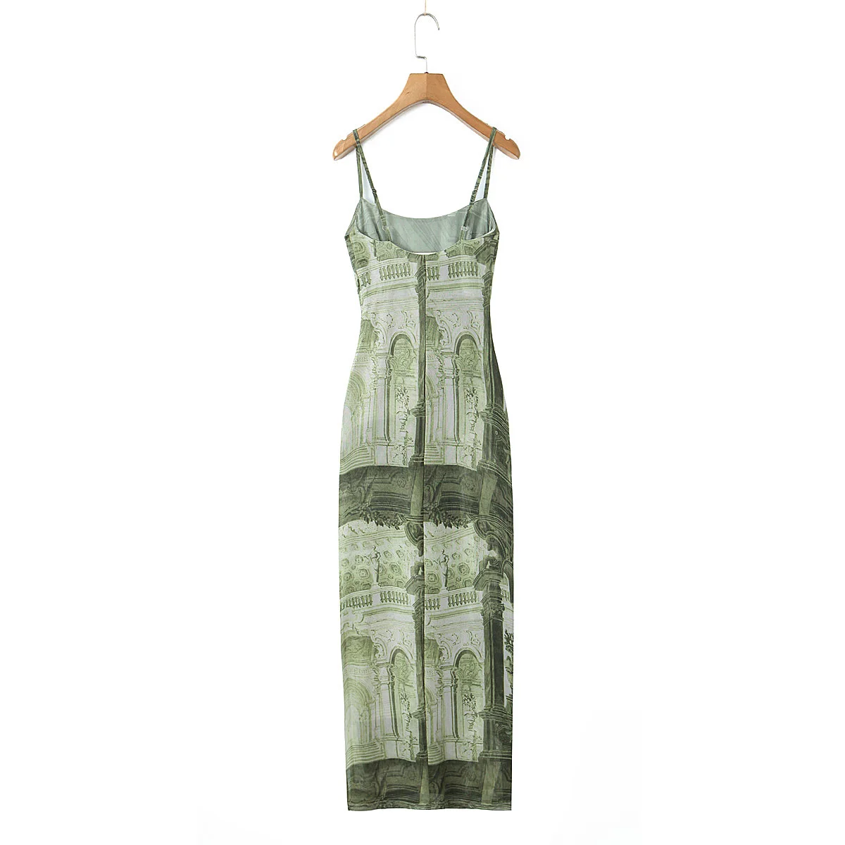 Green Color Print Spaghetti Strap Hot Sale Casual Fashion Long slip Dress for Women