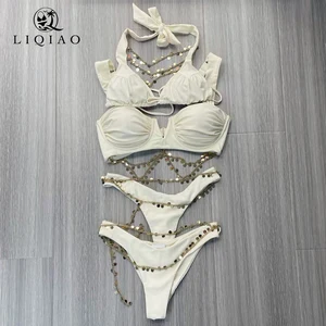 Cream Sequin Chain Halter Brazilian Bikini 2-Piece Set-Luxury Sparkly Floral Print Beachwear for Women