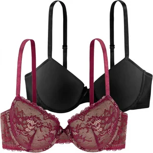 Dorina Comfort Lace T-Shirt Bra Women's 3/4 Cup Lightly Padded Underwire Everyday Pack of 2 Black Pink Red Ivory