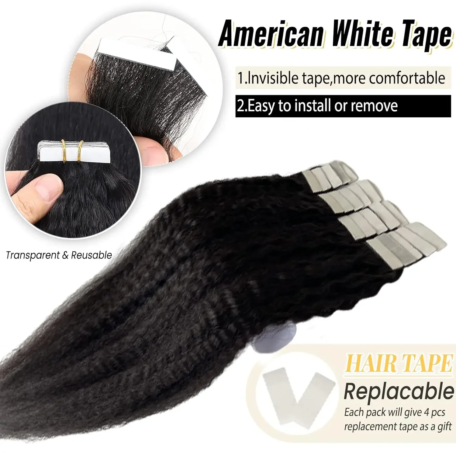 Kinky Straight Tape In Human Hair Extensions Black Remy Hair_voghion.com