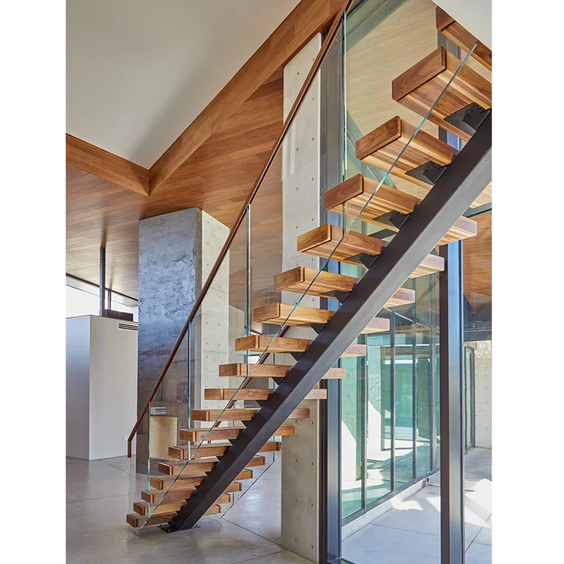 Factory Price LED Lights Stairs Mono Stringer Straight Open Riser Staircase Floating Stair Kits