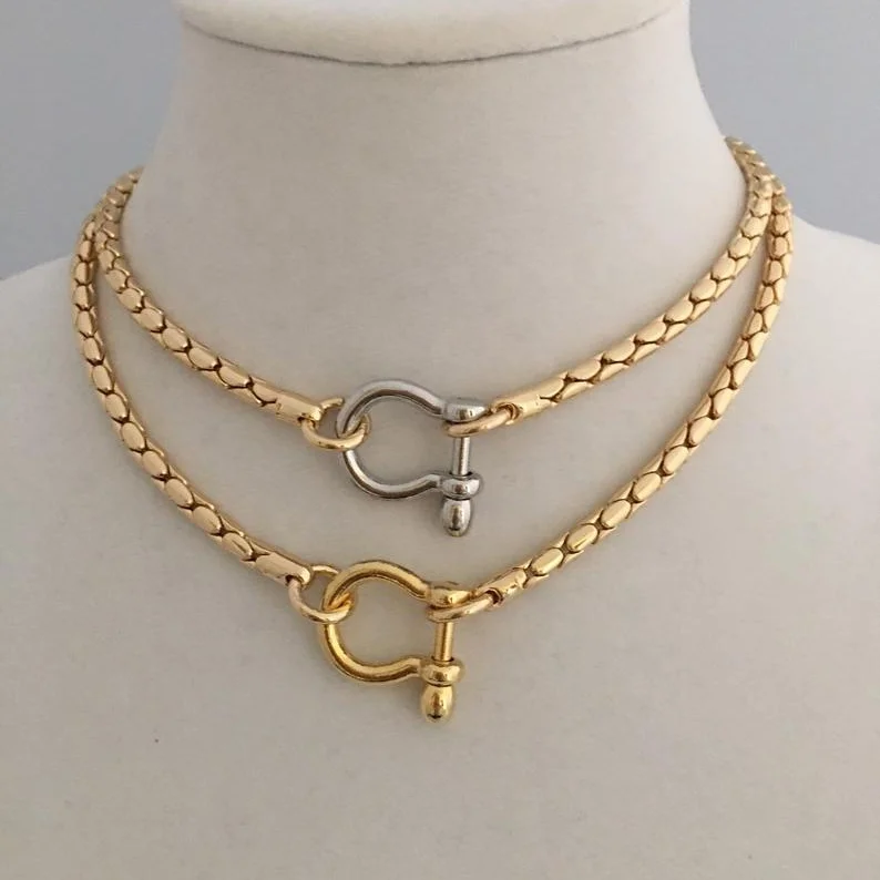 Trendy Thick Jewelry Accessories Carabiner Shackle Chain 18K Gold Plated Necklace Snake Choker Chain