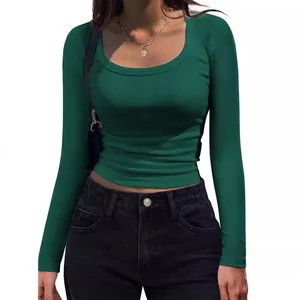 Spring and Summer Women's Threaded groove Strip Slim Fit Long Sleeved square Neck Casual T-shirt