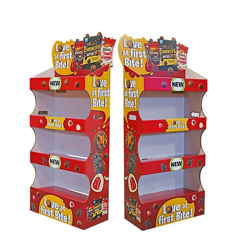 JL168 Custom Cardboard Display Shelf Supermarket Floor Stand Kitkat Kiosk Stand Dispenser Chocolate Cookies Display Racks