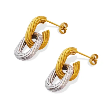 Minos Jewelry Hypoallergenic Twist Hoop Earrings Stainless Steel 18K Gold Plated Waterproof Link Chain Earrings for Gift