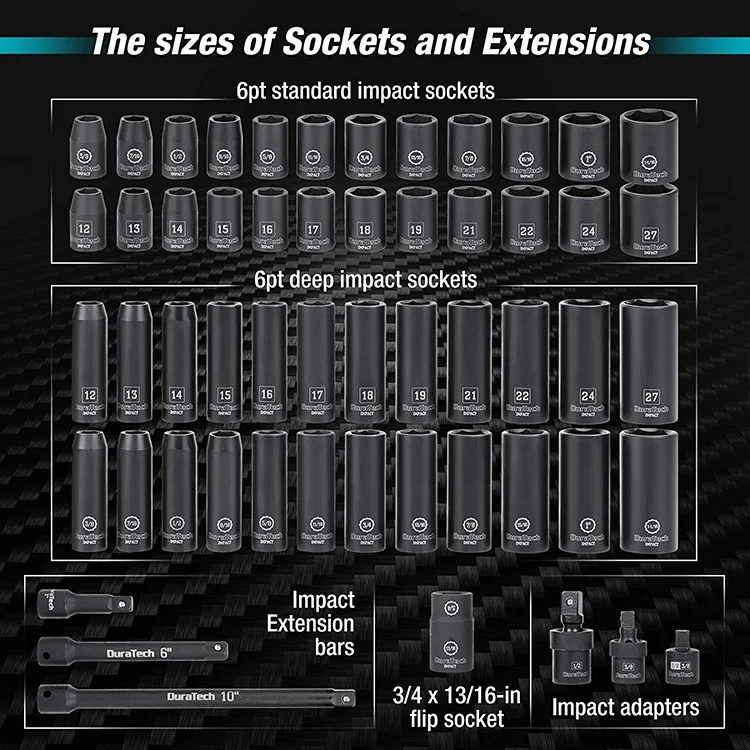 DURATECH Customized 55pc Professional 1/2 Inch Impact Socket Set With 24 Both Standard Impact Sockets and Deep Impact Sockets