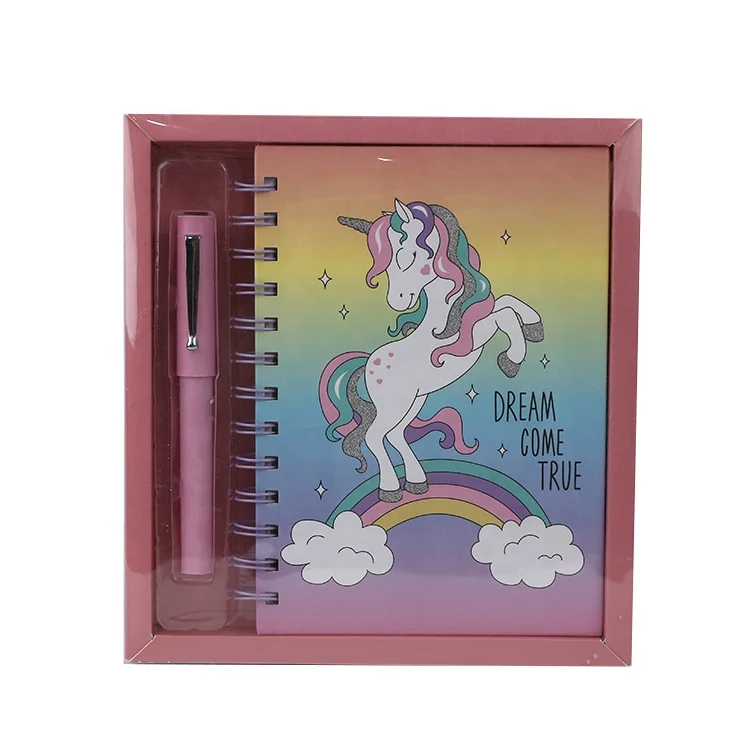 Contains unicorn pattern notebook and pink ballpoint pen school stationery set children kids supplies
