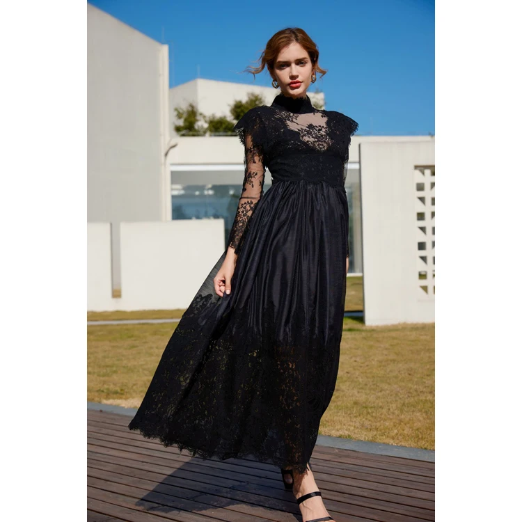 Customized Wholesale Long Sleeve Lace Dresses Black Elegant High Neck  Design Dresses Sweet Temperament Party Dresses