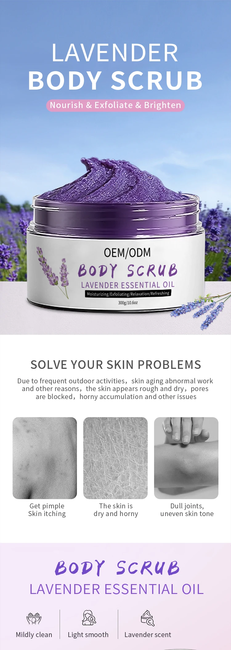 Custom Label Skin Lightening Body Scrub Private Label Exfoliërende En Whitening Lavendel Body