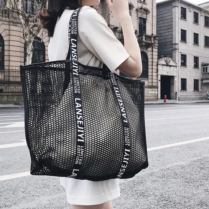 Wholesale Custom Ribbon 2-In-1 Ladies Hollow Out Shopping Shoulder Bag Grid  Big Tote Bag Women Large Mesh Beach Handbag With Canvas Pocket From  m.