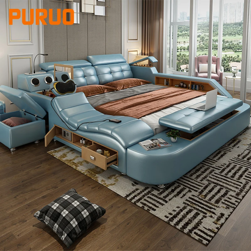 Intelligent Multifunctional Smart Bed Bedroomsets Leather Modern Bed Tatami  Fabric Luxury Massage Double Bed