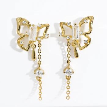 DQ11001E Wholesale Jewellery Cubic Zircon Butterfly 925 Sterling Silver Gold Plated CZ Butterfly Drop Earrings Fashion Jewelry