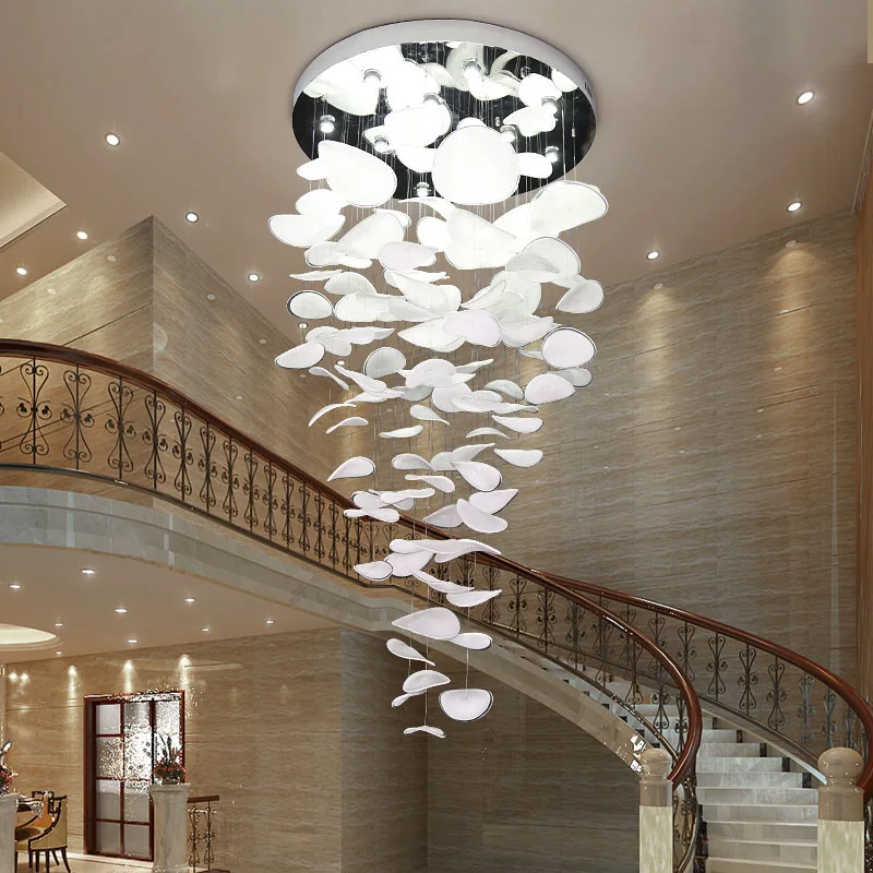 Modern DIY Scallop Ceiling Light Long Stair Raindrop Lighting Lotus Leaf Glass  Chandelier for Villa