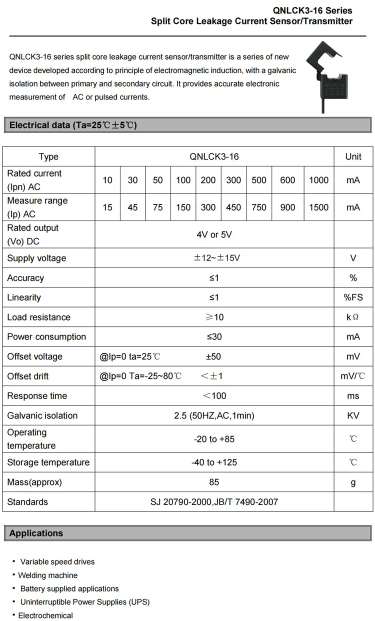 Leakage Current Sensor QNLCK3-16 AC 50mA 100mA 300mA 500mA 600mA 800mA / DC 5V Split Current Transfducer Hall Effect