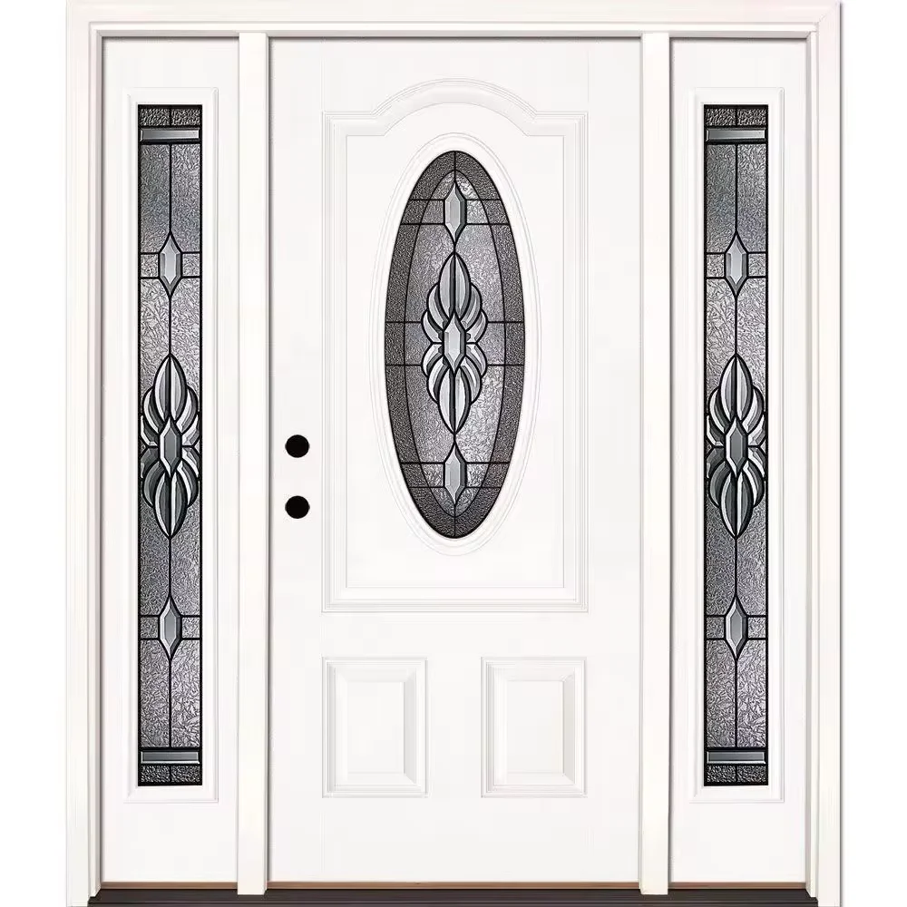 Exterior contemporary residential solid front fiberglass entry door with sidelights